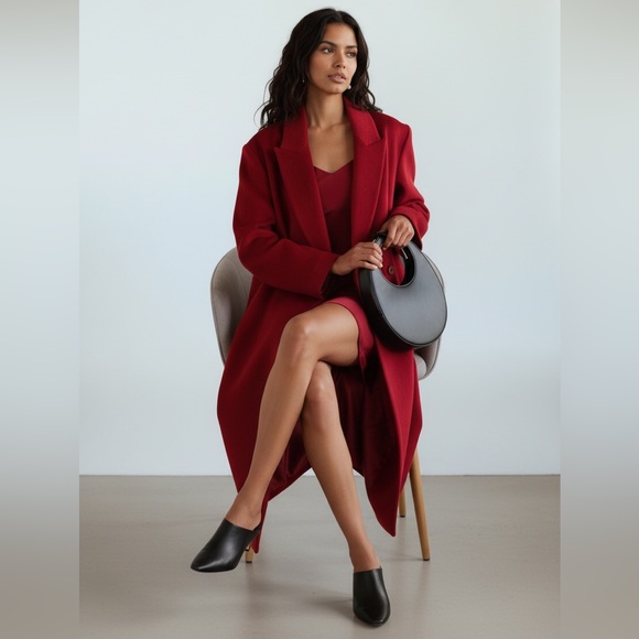 NWT STAUD Serge Oversized Wool Crepe Long Coat in Rouge Red Size M